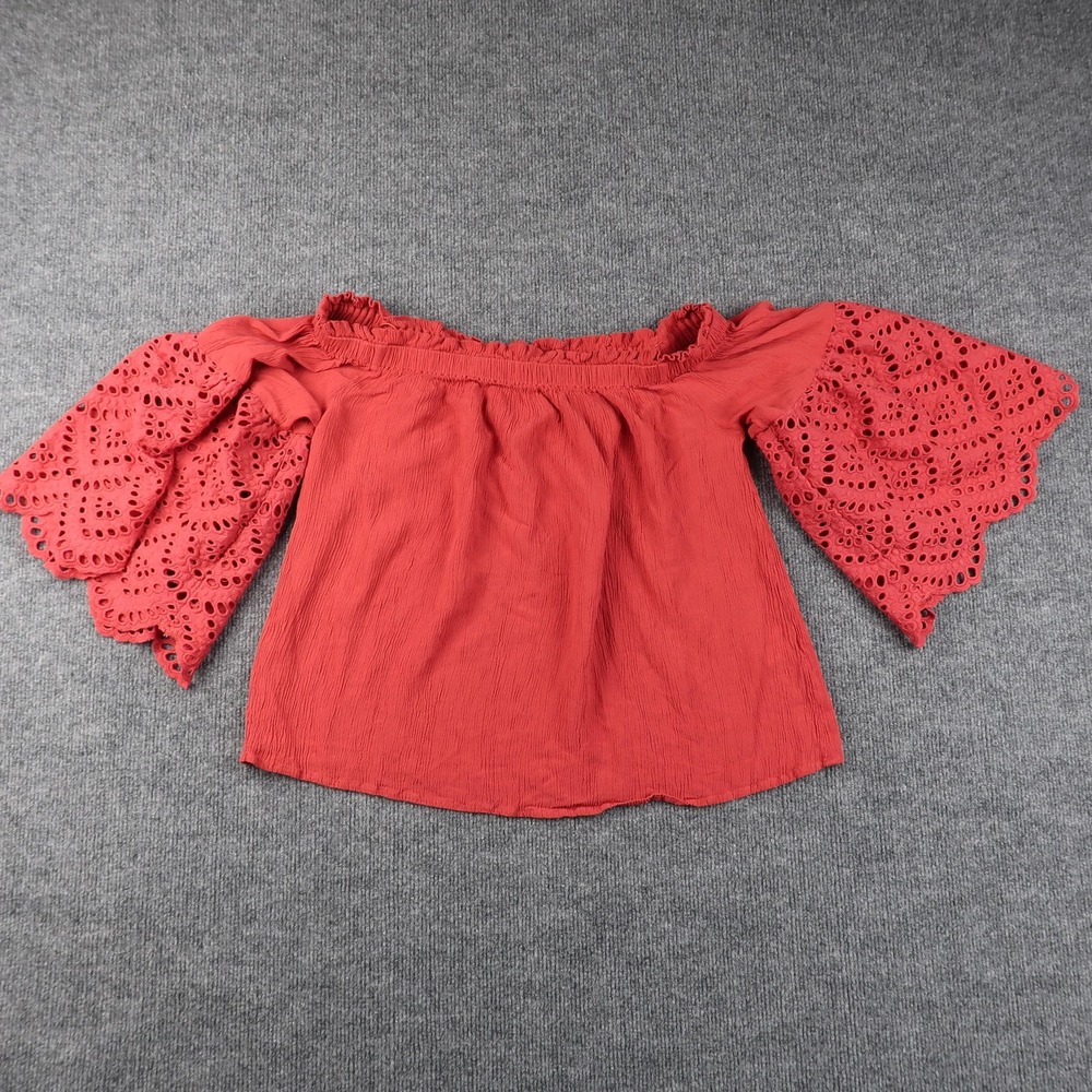 1.STATE Top Womens Small Red Off Shoulder Eyelet Lace Bell Sleeve Blouse Boho